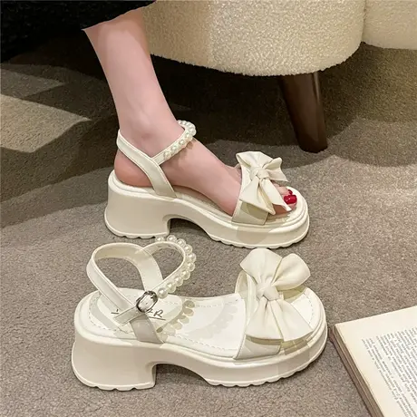 凉鞋女2024新款夏季仙女风蝴蝶结厚底珍珠一字带百搭露趾罗马女鞋图片
