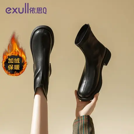 依思Q厚跟女士短靴2023新款优雅风保暖时装靴子冬季加绒单靴方靴图片