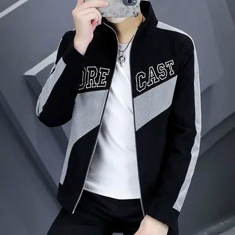 春秋款潮流立领灯芯绒夹克男士韩版拼色帅气休闲男装棒球服外套薄商品大图