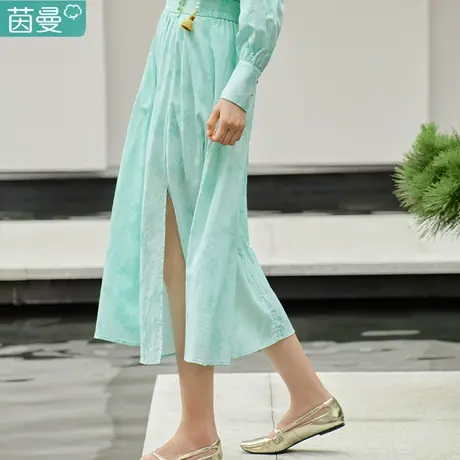 茵曼新中式松紧腰开叉半身裙女装2024年春季新款垂坠感显瘦A字裙图片