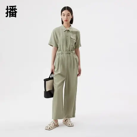 播连体裤女2023夏秋新款帅气工装风腰部半截松紧设计翻领高腰长裤图片