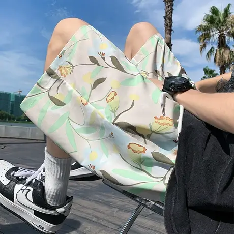 沙滩裤男夏季薄款冰丝速干宽松居家睡裤大裤衩花短裤潮牌休闲裤子商品大图