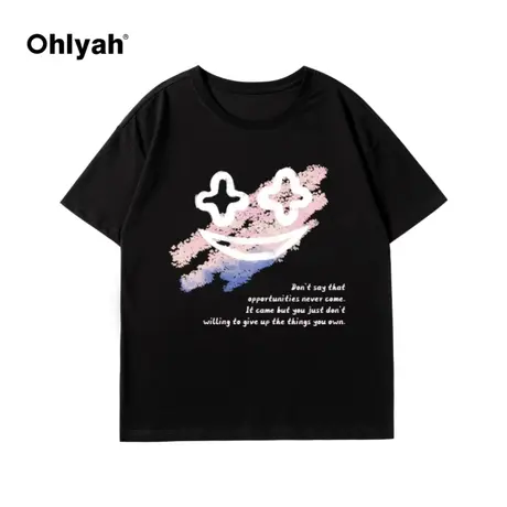 2023年夏季韩版新款短袖恤女宽松纯棉粉色散点英文笑脸ins潮牌女图片