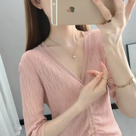 冰丝薄针织衫女中袖2023新款潮V领上衣修身春夏短袖弹力防晒罩衫商品大图