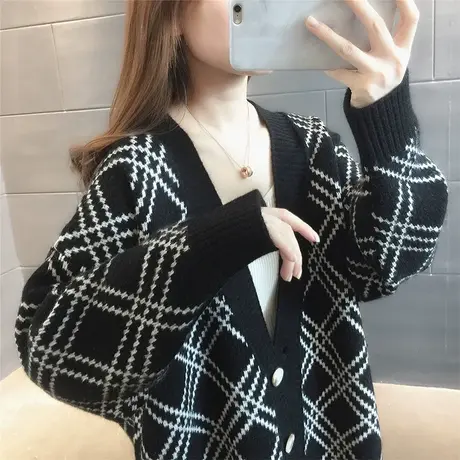 慵懒风菱格纹毛衣开衫女外搭2022早春新款宽松加厚针织外套女春秋图片