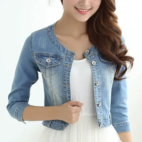 牛仔外套女短款修身韩版显瘦弹力七分袖薄春秋大码牛仔服上衣圆领商品大图