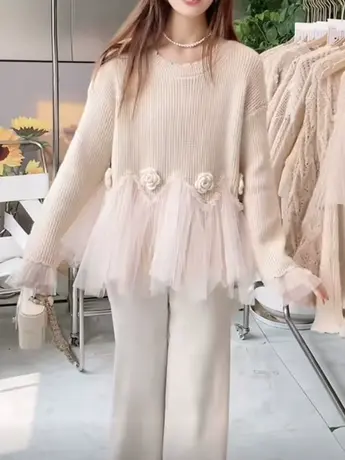 奶系小众设计感温柔毛衣女韩系甜美减龄网纱拼接针织衫气质上衣洋商品大图