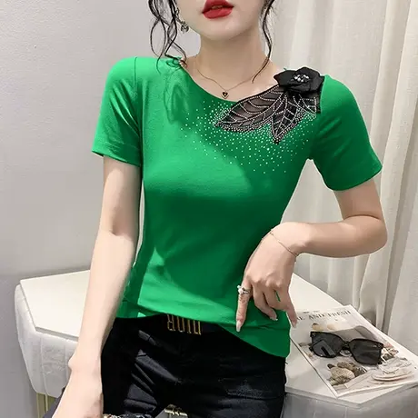欧货T恤女短袖2023夏新款性感镂空心机上衣网纱拼接小衫修身体恤商品大图