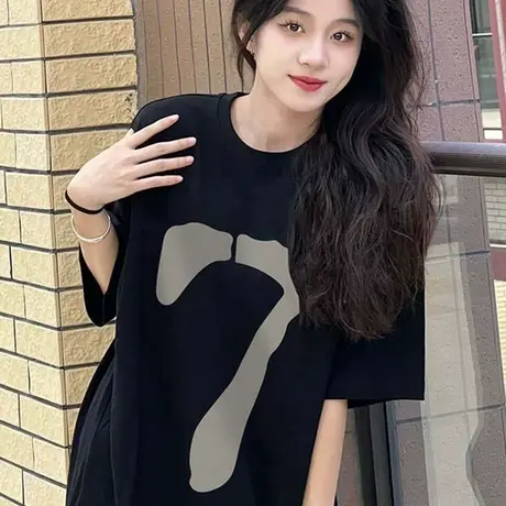 潮牌印花纯棉短袖T恤女2023夏季新款oversize宽松大码半袖上衣ins商品大图