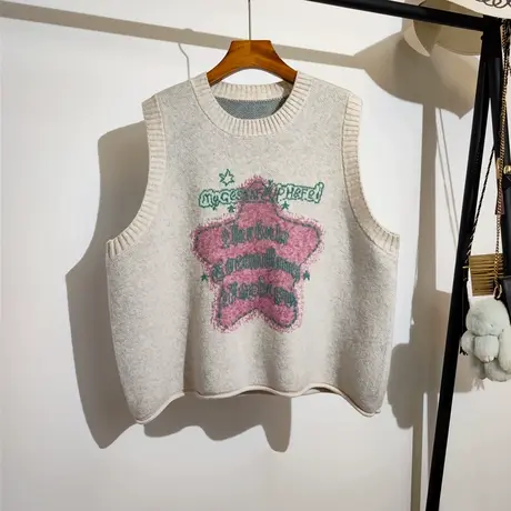 慵懒风针织马甲女秋冬新款宽松圆领套头卡通提花无袖毛衣背心外套商品大图