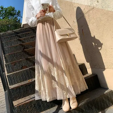 网纱半身裙女中长款超仙白色新款2022秋冬a字裙子冬天配毛衣纱裙图片