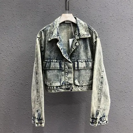 港风2023春秋季新款复古怀旧潮流口袋宽松百搭牛仔外套女短款上衣图片