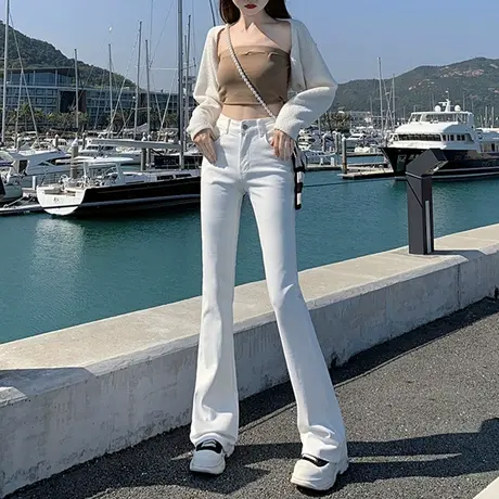 白色微喇牛仔裤女秋季2023年新款高腰显瘦裤子广州新塘chic喇叭裤商品大图