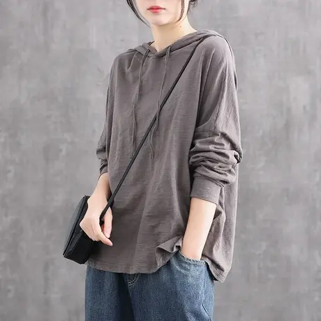 dza大码宽松连帽子纯棉长袖t恤女士2022新款体恤打底衫秋季上衣薄商品大图