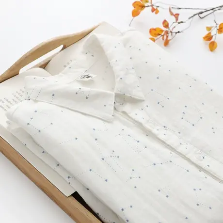 春秋新款文艺复古百搭宽松舒适纯棉长袖白衬衫女双层棉纱印花上衣商品大图