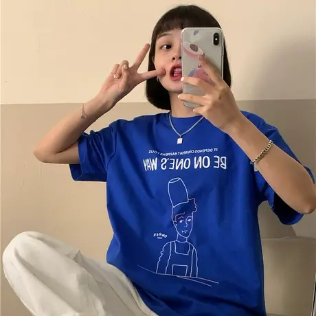 原创~2023新款夏装韩版宽松慵懒风百搭卡通纯棉短袖T恤女盐系港风图片