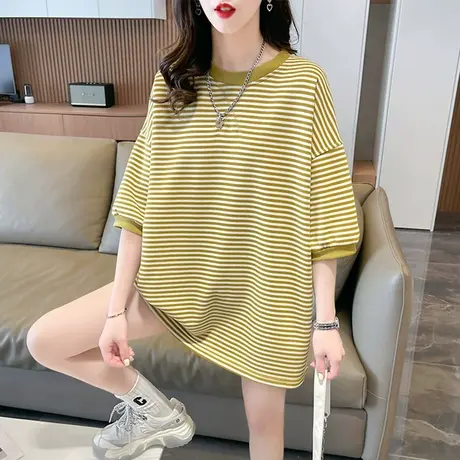 小众设计感短袖t恤女夏装韩版宽松大码中长款下衣失踪条纹上衣服图片