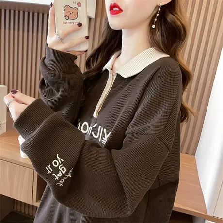polo衫卫衣女春秋季韩版宽松设计感小众小个子薄款华夫格上衣外套商品大图