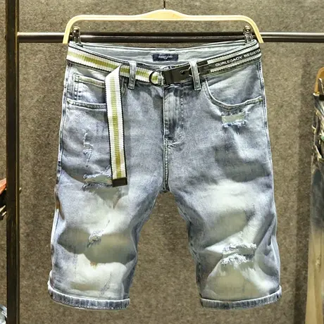 浅蓝色夏季牛仔裤男款宽松直筒破洞五分裤潮牌刮烂乞丐中裤透气薄商品大图