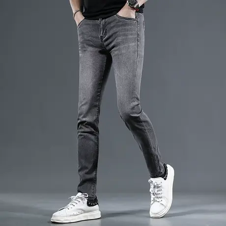 黑灰色牛仔裤男夏季薄款修身小脚裤2023新款弹力潮流男士长裤百搭商品大图