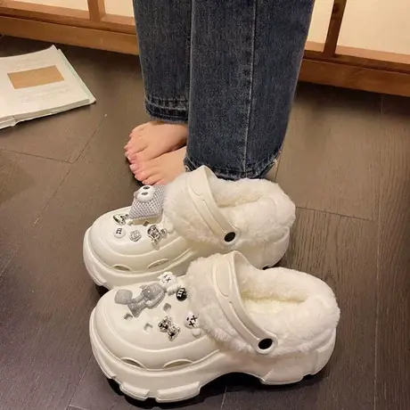 可爱包头毛毛拖鞋女外穿加绒保暖防滑厚底增高秋冬季新款洞洞棉鞋商品大图