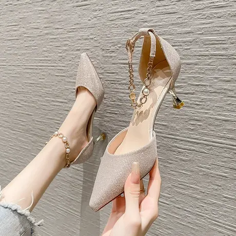 法式仙女风高跟鞋女细跟2023夏季新款气质性感一字带尖头水钻凉鞋图片