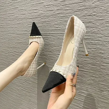 高跟鞋女细跟2023新款春季性感尖头拼色小香风单鞋时尚浅口宴会鞋图片