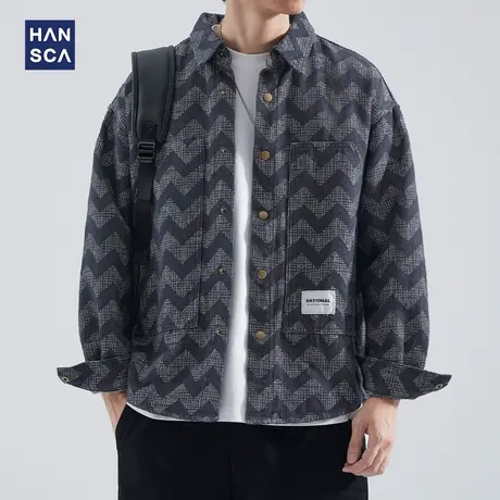 hansca日系复古波浪纹牛仔衬衫男士长袖秋季新款痞帅潮流衬衣外套图片
