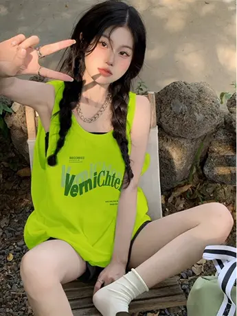 多巴胺纯棉无袖t恤女夏季2023新款宽松美式甜辣妹篮球服背心上衣图片