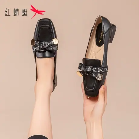 红蜻蜓乐福鞋女英伦单鞋2023秋冬款蝴蝶结百搭休闲方头粗跟小皮鞋商品大图