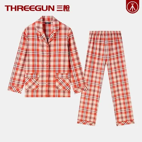 三枪100%纯棉情侣睡衣长袖长裤薄款男士家居服女士全棉睡衣春秋款图片