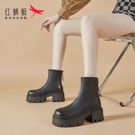 红蜻蜓冬季厚底靴子女新款加绒高级感小短靴真皮烟筒靴中筒瘦瘦靴图片
