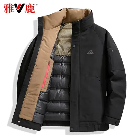 雅鹿官方反季羽绒服男短款2023新款无帽立领黑色白鸭绒保暖冬外套图片