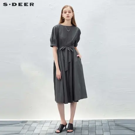 sdeer圣迪奥女装休闲圆领风琴褶收腰短袖连衣裙S232Z12LN图片