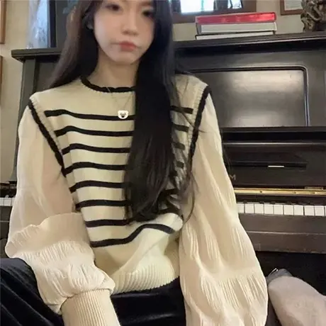 假两件针织衫女蕾丝拼接套头女毛衣内搭宽松百搭条纹外穿上衣2023商品大图