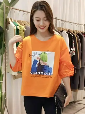 2023年春夏季美女印花衬衫女花边袖T恤时尚百搭减龄显瘦休闲上衣商品大图