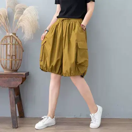 2023夏季欧洲站松紧腰束脚阔腿裤女大码宽松遮肉灯笼裤哈伦五分裤商品大图