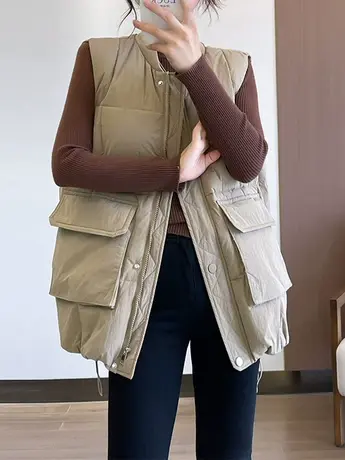 欧货2023秋冬新款时尚立领单排扣羽绒棉马甲慵懒风宽松坎肩马夹女商品大图