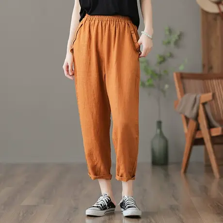 dza 高腰显瘦裤子女夏季薄款九分亚麻裤宽松阔腿裤白色棉麻哈伦裤图片