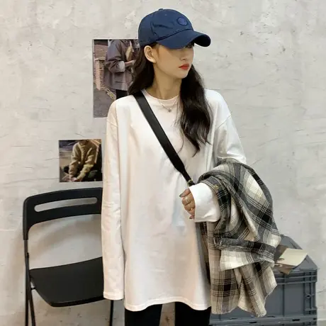 2023年春秋爆新款网红超火女装韩风chic白色纯色上衣ins长袖t恤潮商品大图