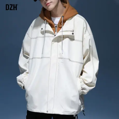 男士白色假两件外套男春秋宽松百搭连帽休闲夹克ins港风潮牌男装图片