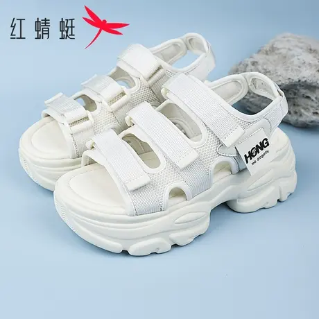 红蜻蜓女鞋时尚凉鞋配裙子松糕厚底露趾舒适百搭魔术贴透气休闲鞋图片