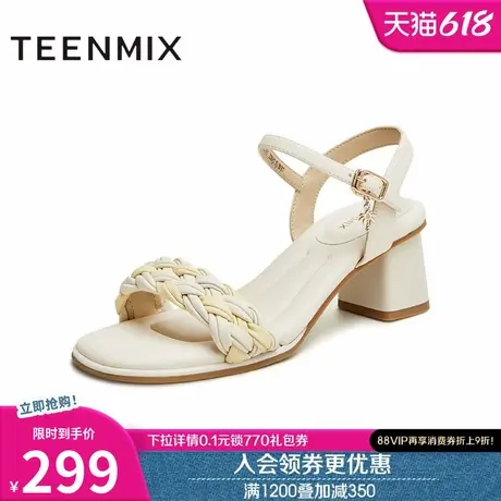 天美意一字带凉鞋粗跟凉鞋女夏季高跟鞋时装凉鞋新款CL501BL4图片