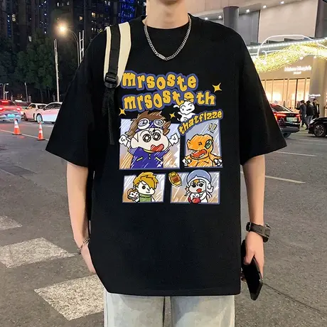 短袖T恤男夏季新款纯棉卡通宽松上衣服ins港风舒适美式休闲体恤衫商品大图