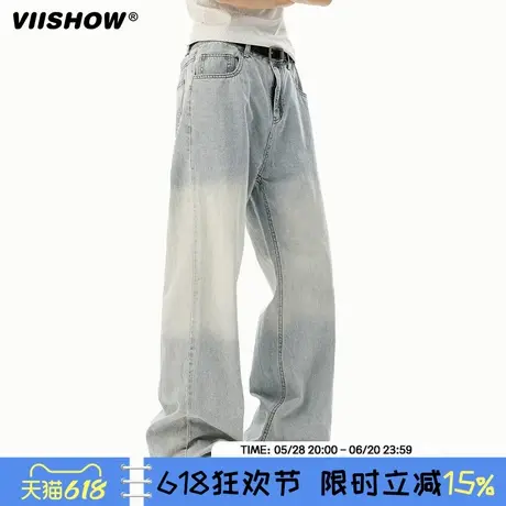 VIISHOW美式高街浅色水洗做旧牛仔裤cleanfit直筒宽松阔腿裤子商品大图