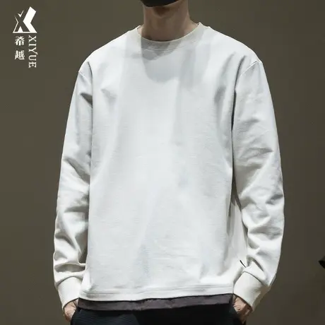 希越假两件双面绒T恤男秋季宽松大码圆领休闲百搭潮流内搭打底衫商品大图