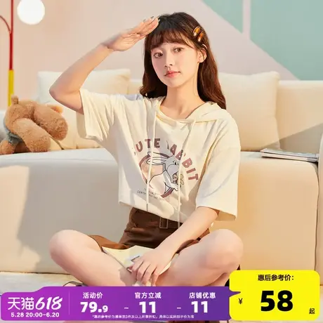 唐狮2024夏季新款女T恤白色连帽短袖卫衣甜美宽松帽衫学生小个子商品大图