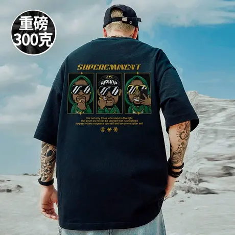 hiphop嘻哈重磅潮牌宽松胖子T恤短袖五分袖纯棉情侣加肥加大码男商品大图