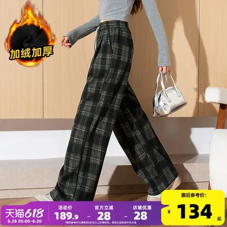 唐狮25冬季新款休闲裤女复古抽绳加绒宽松直筒阔腿格子裤子女W图片