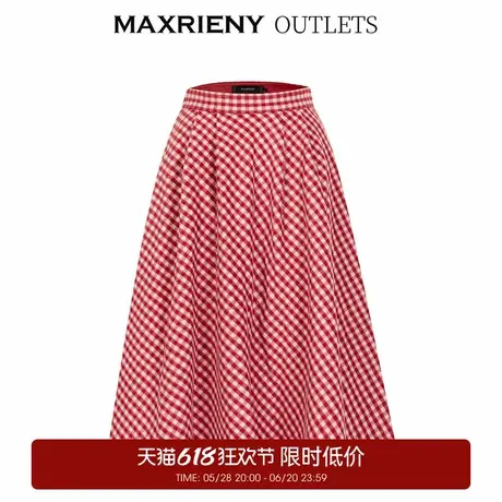 【奥莱】MAXRIENY复古红白格纹长裙秋法式高腰A字裙大摆裙图片